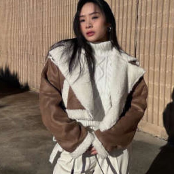 Cider Faux Shearling Brown and White Cropped Biker Teddy Jacket 1X - Picture 15 of 15